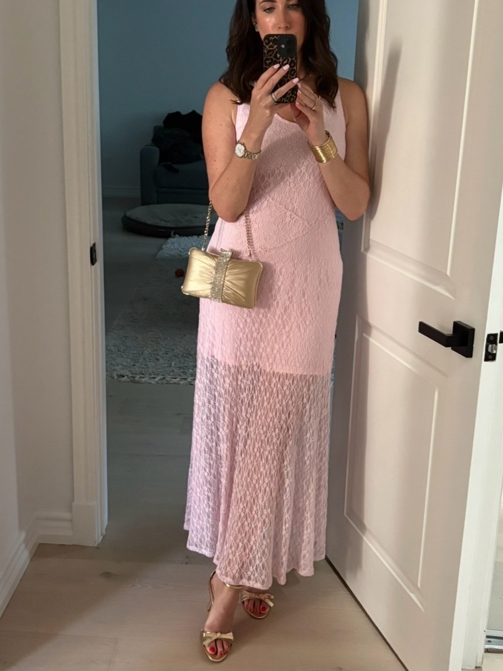 Pale Pink Lace Maxi Dress. Size XS but fits SM to MED. Stretchy material.